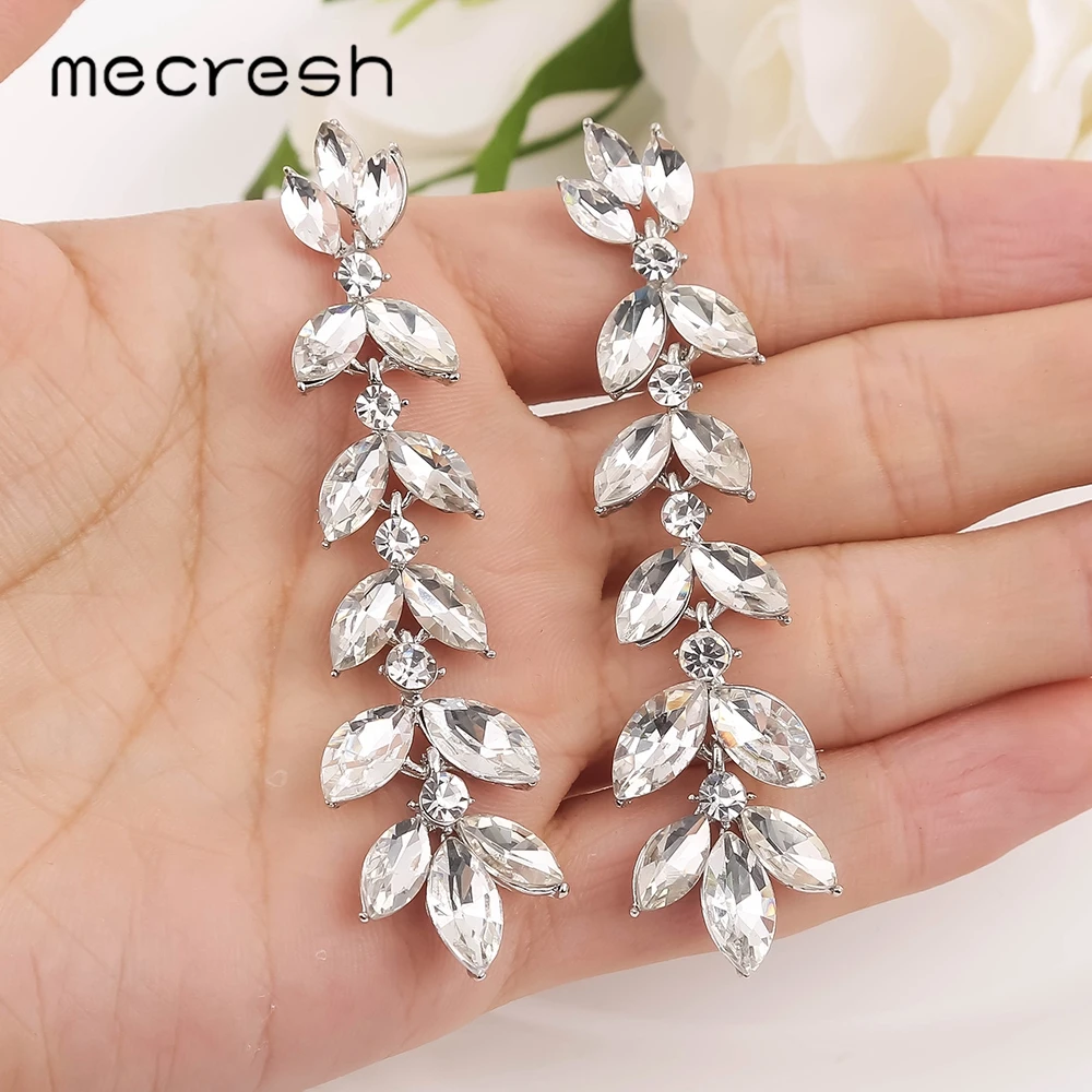 Mecresh Leaf Branch Crystal Women Dangle Earrings Silver Color Horse Eye Shape Bridal Wedding Drop for Party MEH1720 | Украшения и