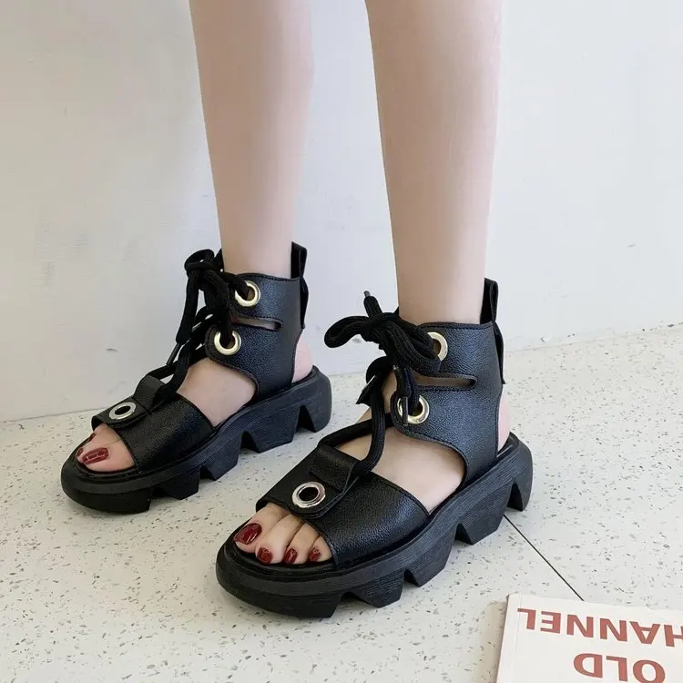 

2021 Spring Summer New Fashion Sandals Women's Shoes Ankle-Strap Buckle Rubber Low Heel Flat Pu Open Toe Lace-up