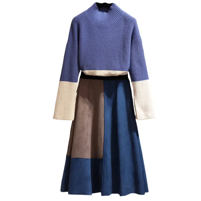 Женский осенне зимний костюм двойка свитер с высоким воротником и замшевая юбка|