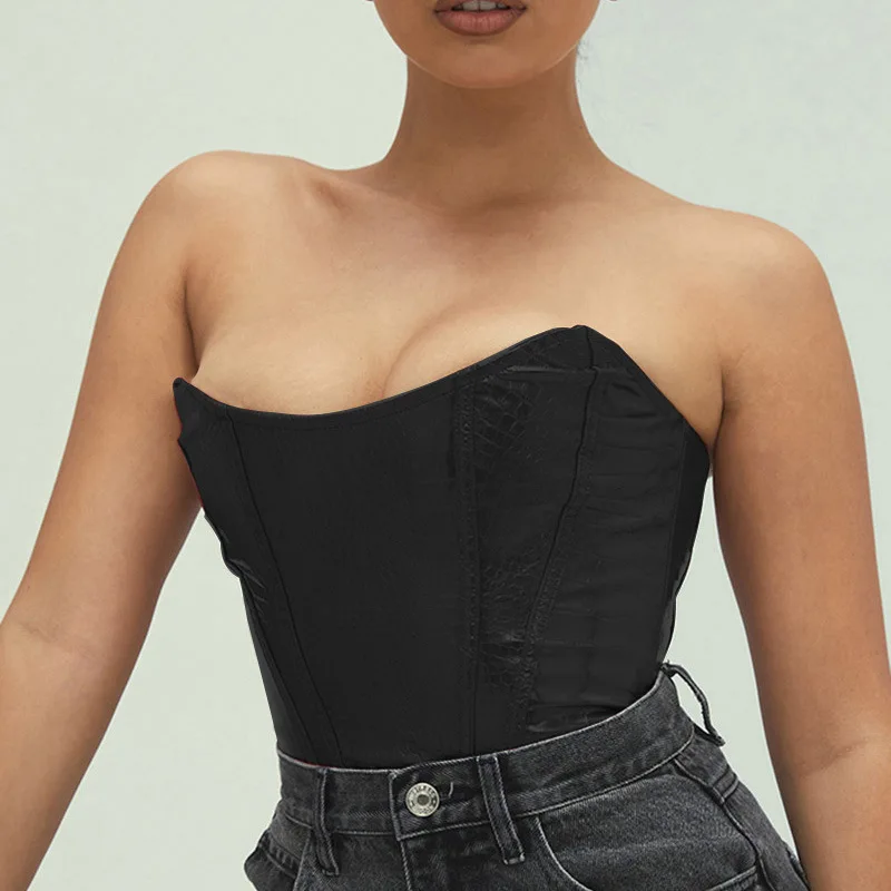 

Women Summer Sexy PU Leather Tube Top Female Solid Color Off-the-shoulder Close-fitting Sleeveless Crop Top