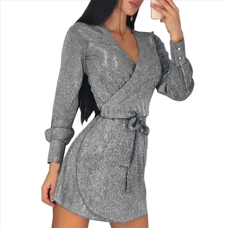Весеннее женское платье с блестками облегающее сексуальное v образный вырез