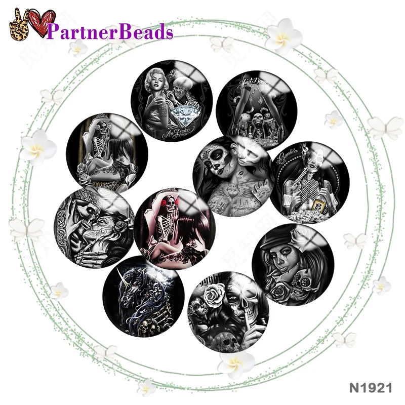 

Black Skull Girls 12mm//18mm/20mm/25mm Round photo glass cabochon demo flat back Making findings PartnerBeads N1921