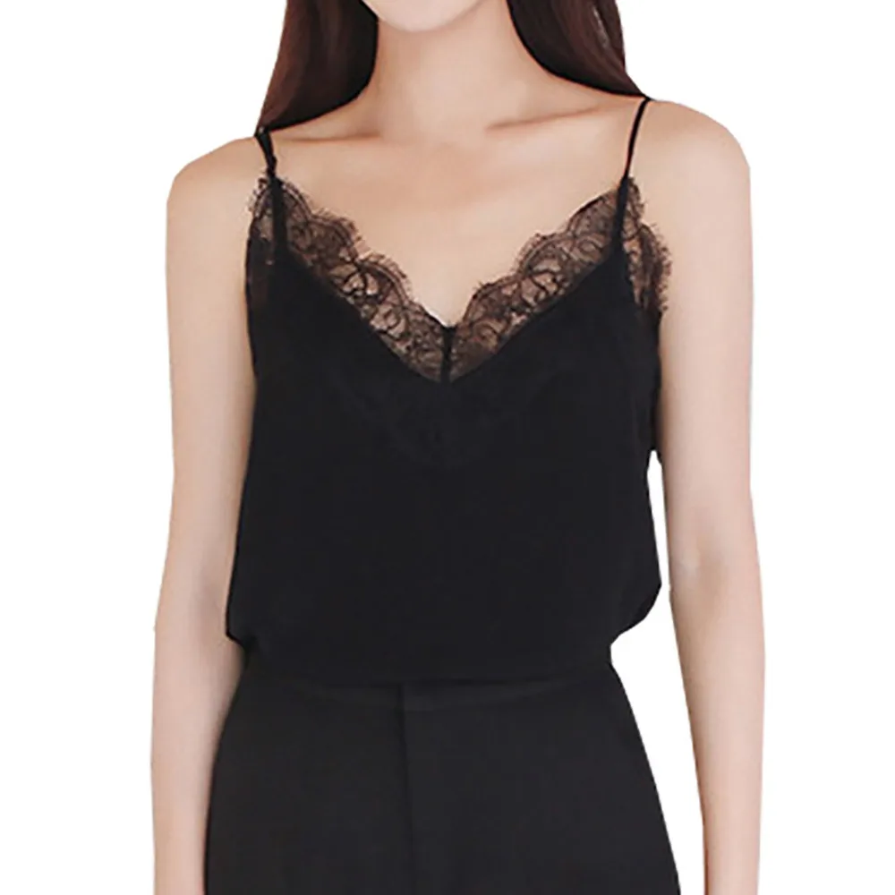 Женская однотонная майка повседневная кружевная без рукавов рубашка с v образным
