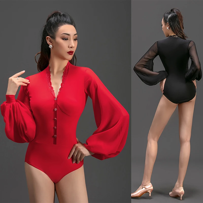 

V-Neck Puff Sleeve Ballroom Dance Clothes Tango Dancing Leotard Practice Wear National Standard Waltz Dance Costume YS2965