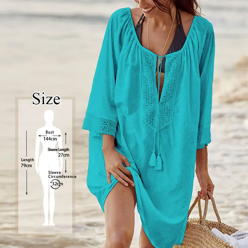 Q363-Lake Blue Хлопок, туники для пляжа, женский купальник, накидка, женский купальник, Пляжная накидка, пляжная одежда, парео, мини платье, Saida de Praia - Цвет: Q363-Lake Blue