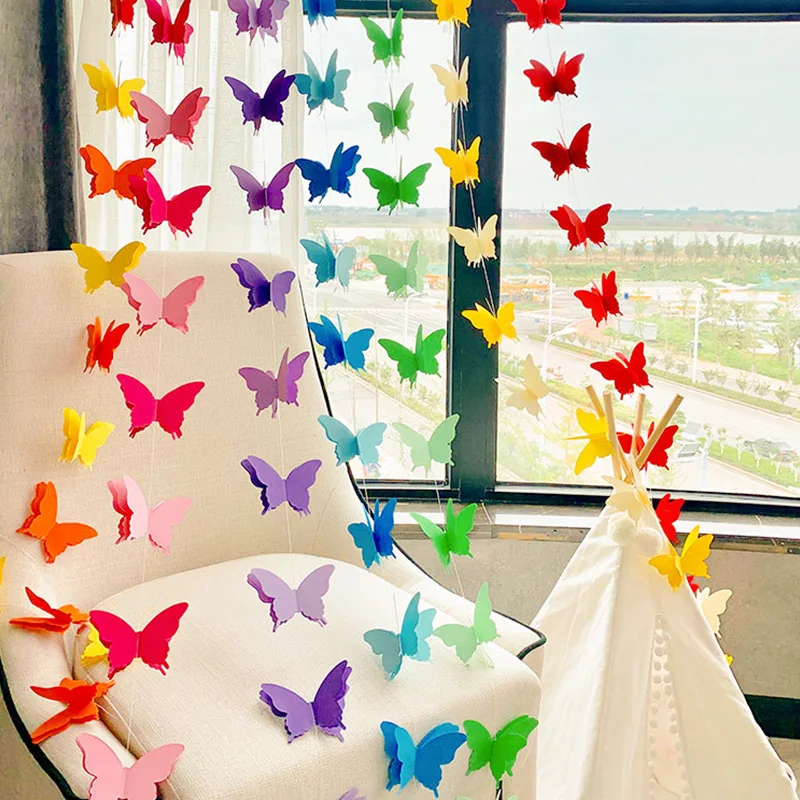

2m Long Papercard Butterfly Hanging Paper Craft Event Adornments Background Props DIY Colorful Pendant Flag Party Adornments