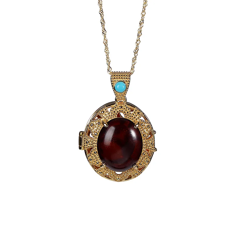 

S925 sterling silver gold-plated natural blood amber pendant fashion hollowed-out women's perfume bag set chain