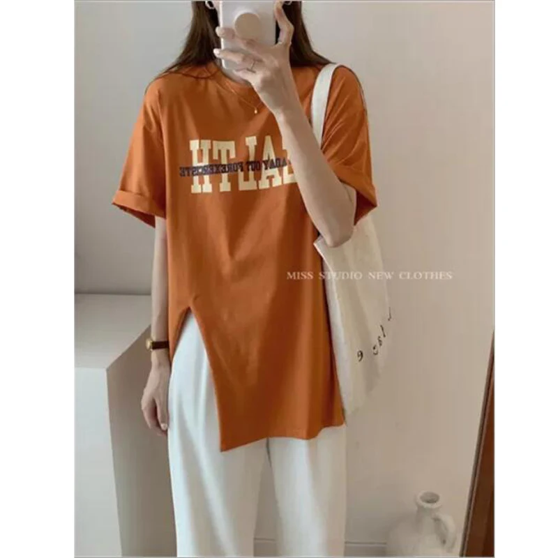 

Fashion Style Woman T shirt Letters Print Short Sleeve O Neck Split Bottom Tee shirt Women Loose Style Woman Tshirt