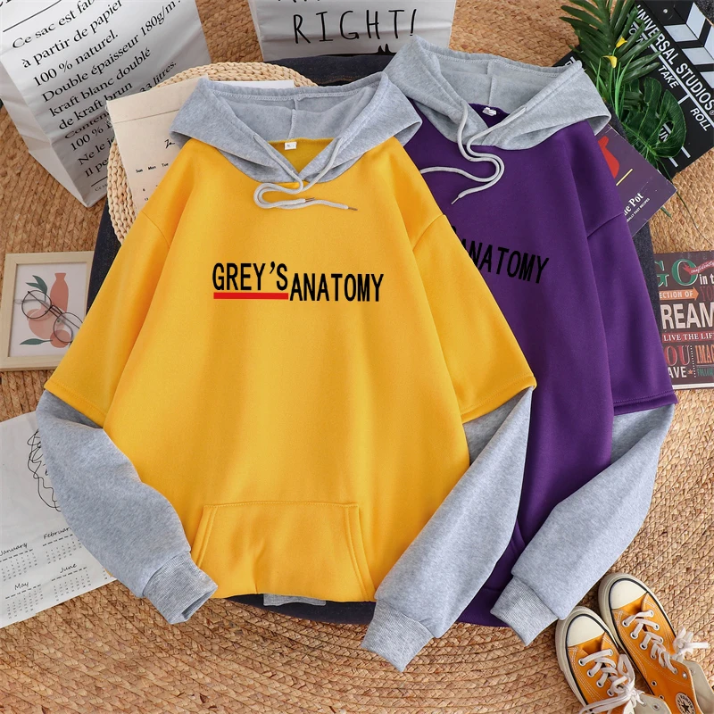 

Autumn And Winter Women Contrast Color Stitching Hoodies Grey's Anatomy Print Letter Korean Fashion Harajuku Fleece Sweatshirt