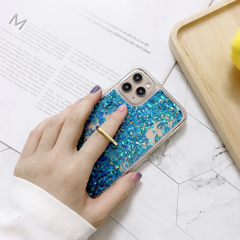 glitter phone case for iphone se 11 pro max xs max x xr 6s 6 7 8 plus liquid quicksand case with finger ring cover bling sequins free global shipping