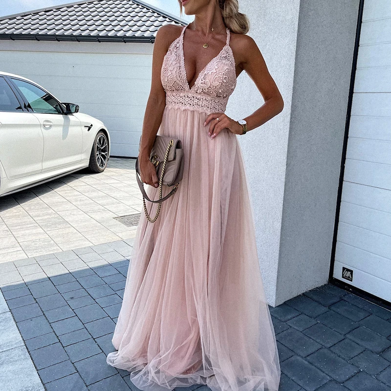 Женское вечернее длинное платье на бретельках элегантное однотонное Сетчатое с