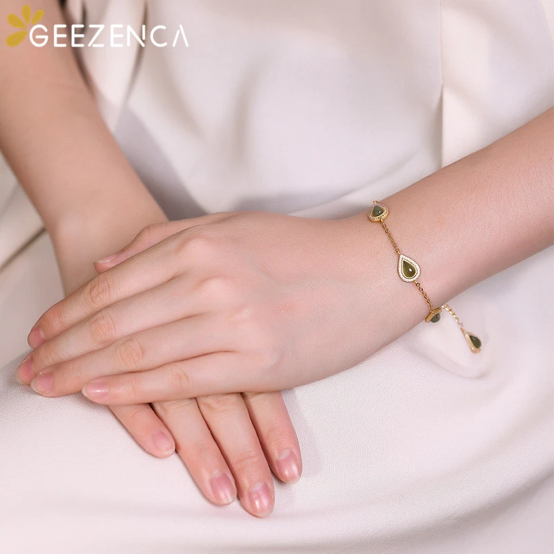 

925 Sterling Silver Bracelet Gemstones Agate Jasper Gold-plated Bracelets Bangles Fine Jewelry Women Trendy Drop-shaped Bangle