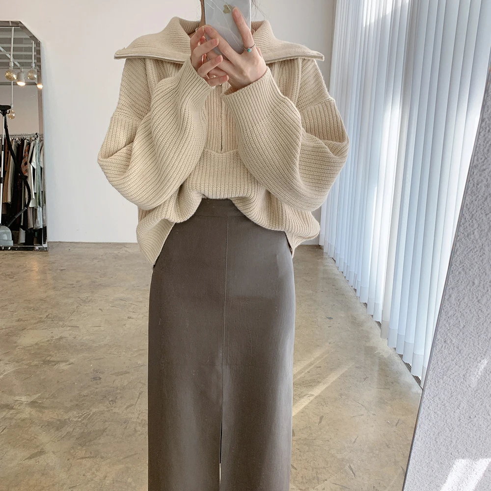 

High-neck Large Size Long Sleeve Zipper Knit Pullovers 2020 Autumn Winter Women's Sweater Fashion Thick Warm
