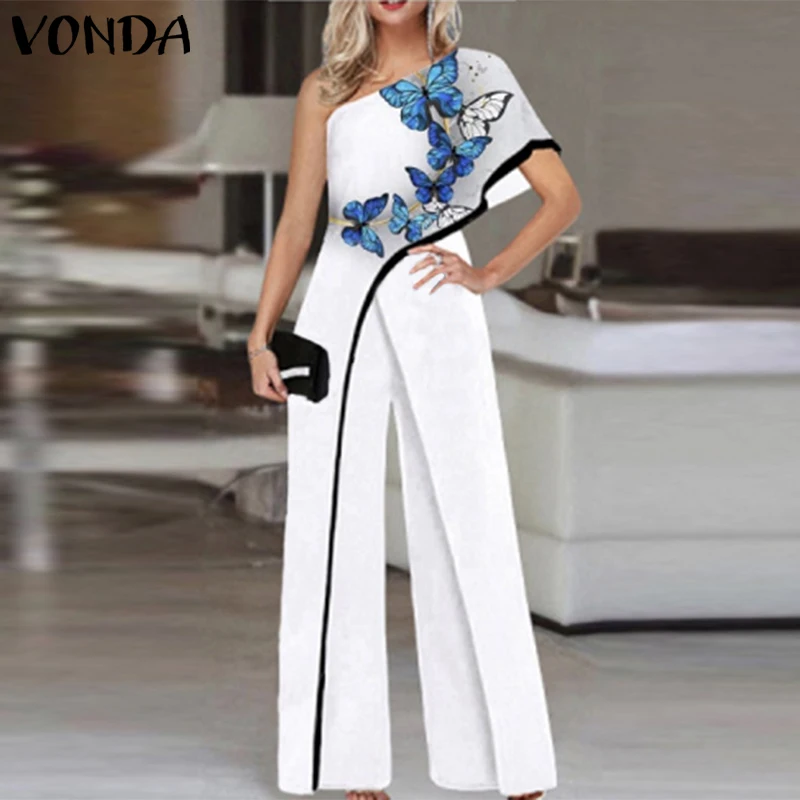 

Комбинезон VONDA 2021 Повседневный с принтом на одно плечо, женские брюки с широкими штанинами, офисные Свободные Комбинезоны палаццо, брюки, же...