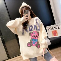 womens sweater knit tops wear winter pink fashion cartoon graffiti bear kawaii mid length korean version loose plus size girl