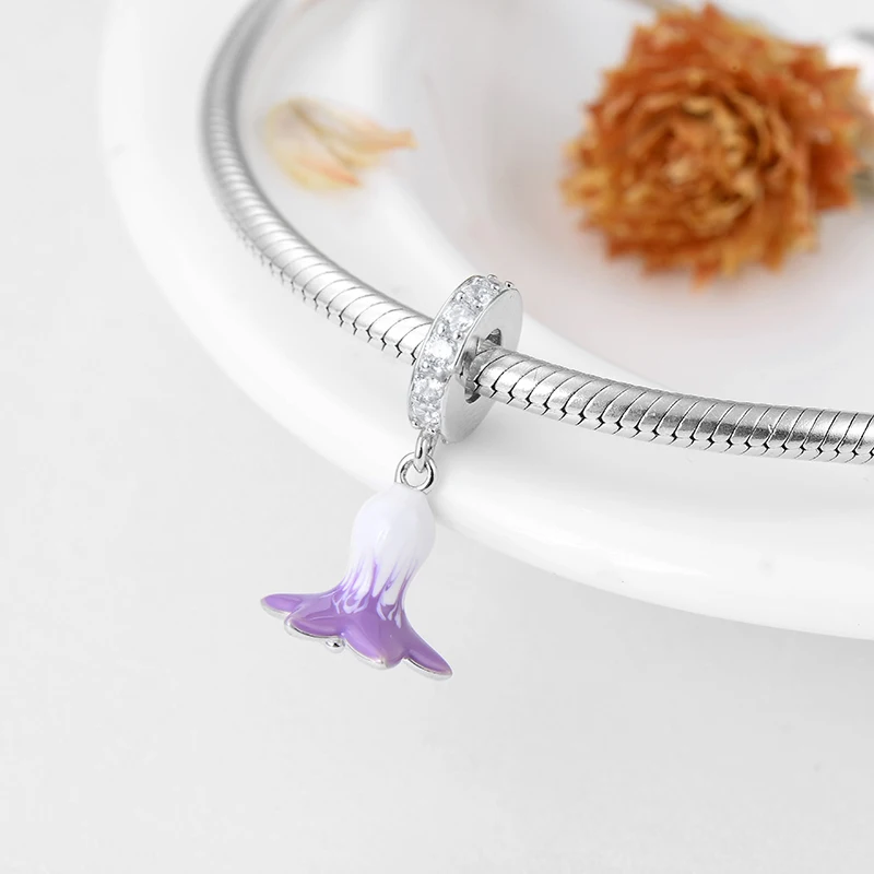 Настоящее серебро 925 пробы цветок бутон Эмаль Шарм CZ Плавающие Подвески подходят