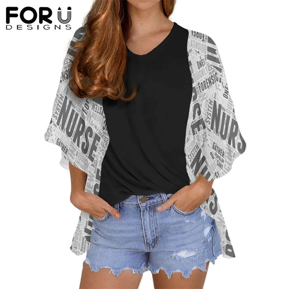 

FORUDESINGS Casual Women Blouses Capes Poster Letters Printing Cardigans Autumn Chiffon Thin Shirts Tops for Females Plus Size