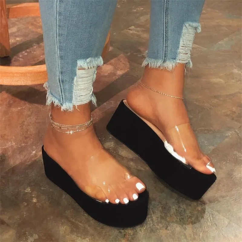 

Waterproof platform high heel PVC spring summer new women outdoor beach sandals color printing non-slip durable slippers ladies