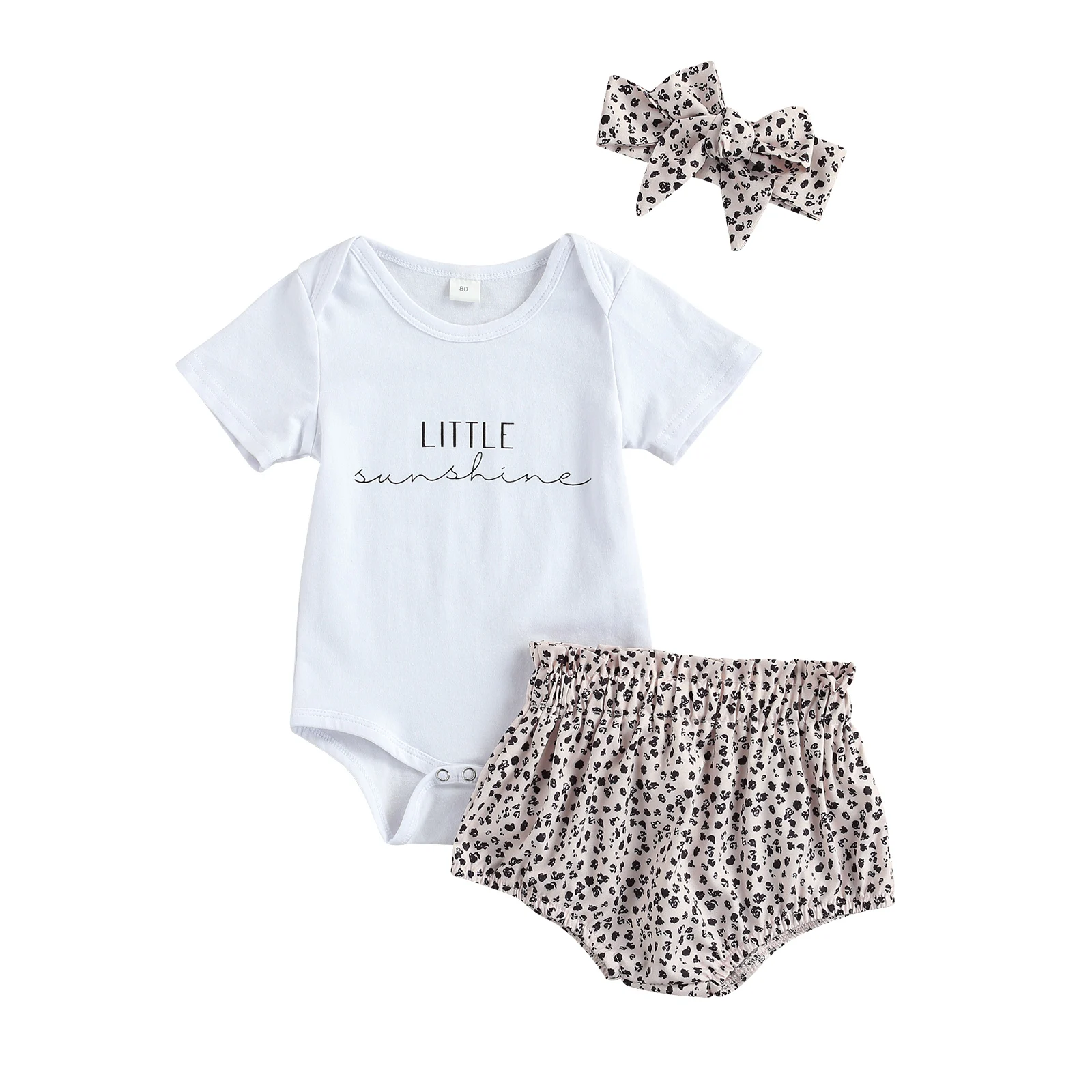 

3Pcs Baby Summer Outfits Letter Print Short Sleeves Romper + Leopard Print Shorts + Headband for Toddler Girls 0-18 Months