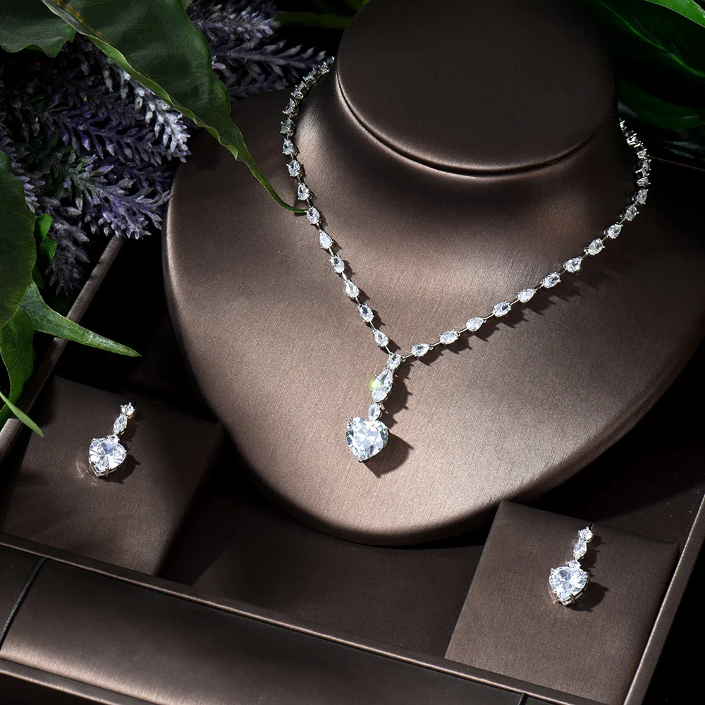 HIBRIDE романтическая любовь сердце форма CZ свадебное ожерелье серьги Ювелирные наборы для женщин Свадебный костюм аксессуары bijoux N-979