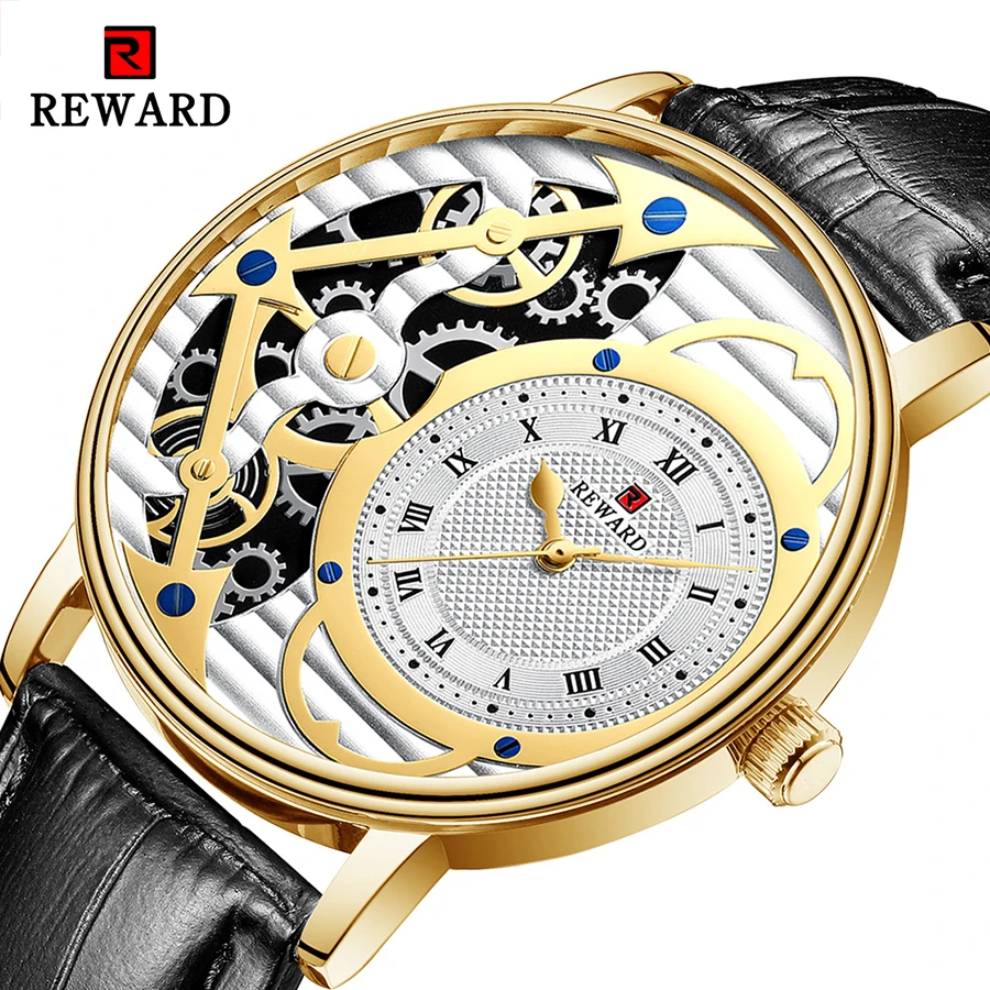 

REWARD Classic Black Gold Watches Quartz Movement Luxury Hollow Transparent Men Wrist Watches Waterproof Relogio Masculino