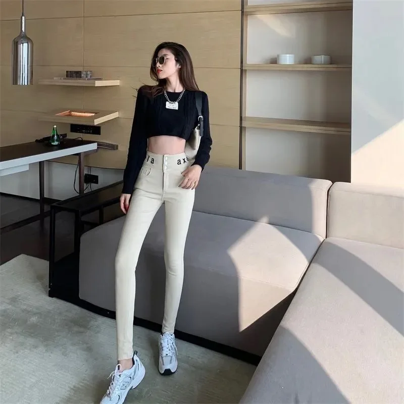 

Fashion Girls Stretchy High Waist White Pencil Jeans for Women Slim Fit Denim Pants New Skinny Trousers Denim Streetwear 2021