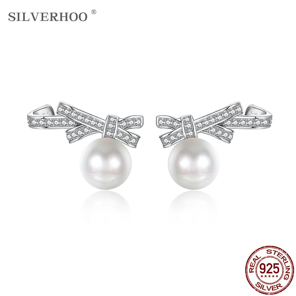 

SILVERHOO Pearl Earrings For Women 925 Sterling Silver Bowknot Stud Earrings 5A+ Cubic Zirconia Elegant Female Fine Jewelry Best