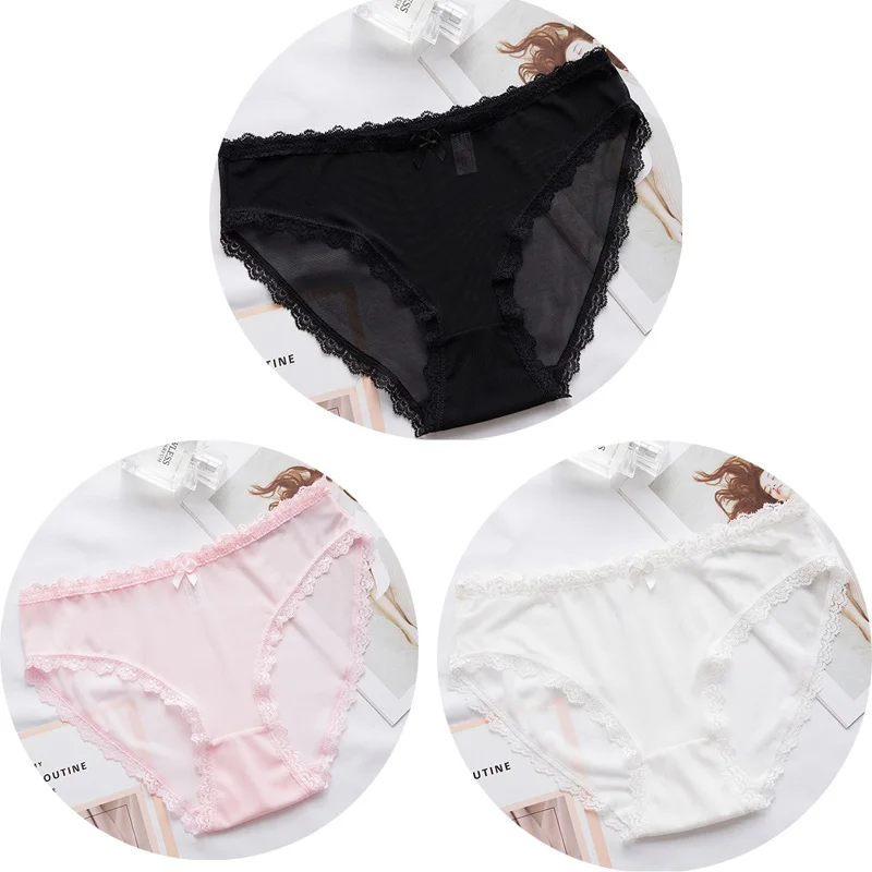 Black White Pink 3 шт Сексуальные Кружевные Трусики бесшовное женское нижнее белье трусы нейлоновая сетка для дам тонкое хлопковое прозрачное белье - Цвет: Black White Pink