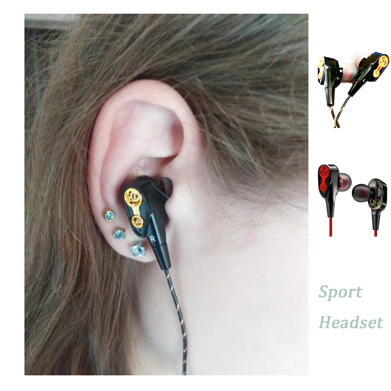 Спортивные наушники гарнитура проводные стерео с двойным приводом и микрофоном