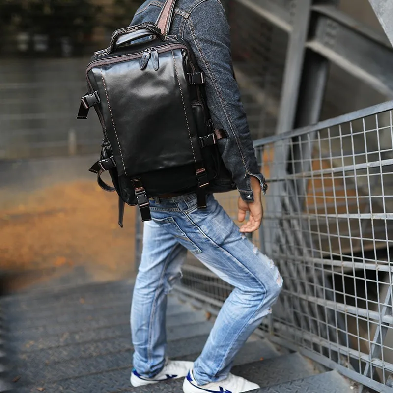 

Cowhide Genuine Leather Backpack Handmade Mens Satchel Casual Travel Bags Laptop Bag Oil Wax Leather Vintage School Backpacks
