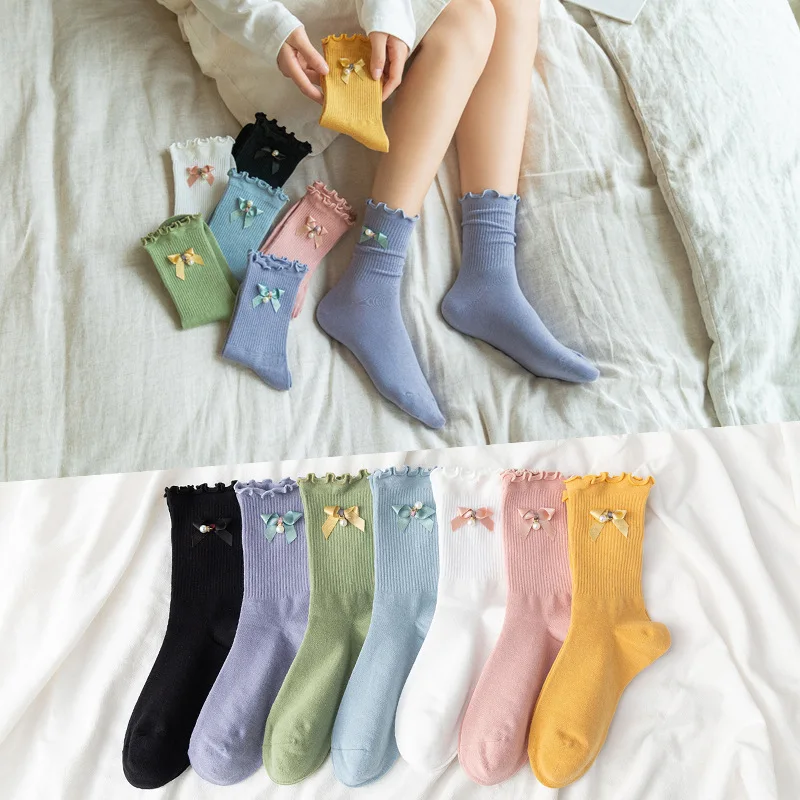 10 pieces = 5 pairs Socks Women Ins Fashion Solid Color Wooden Ear Cotton Bow Pearl Candy-Colored women Socks