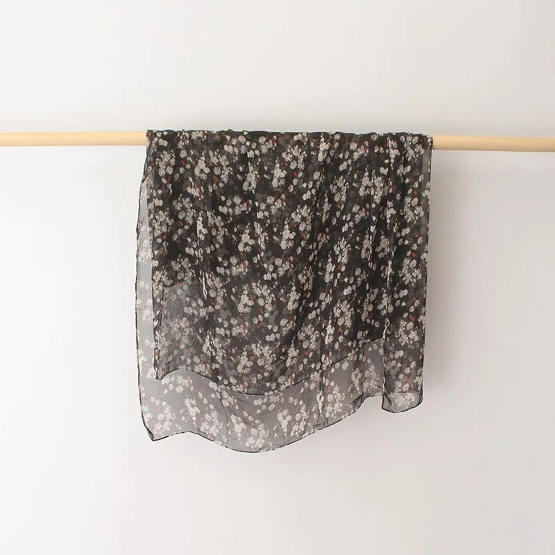 Women Silk Scarves Black Floral Flower Print Chiffon Sheer Scarf Lady Summer Thin Light Shawl Wraps Cover Up 190*90 Cm |
