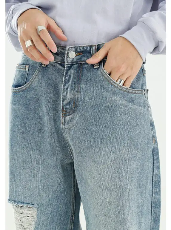 Jeans Men Street Ripped Jeans Men's Mopping Pants Loose Wash Straight-Leg  Denim Pants