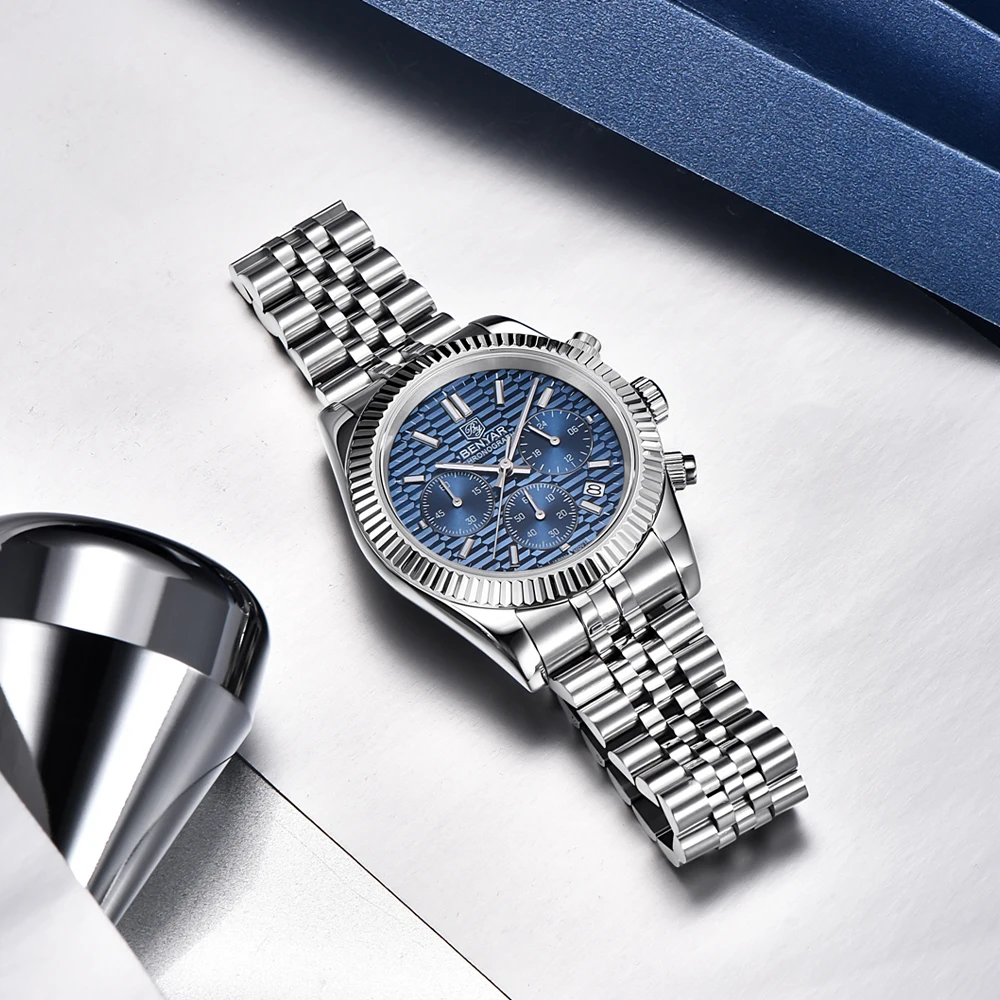 Мужские водонепроницаемые кварцевые часы-хронограф из нержавеющей стали -