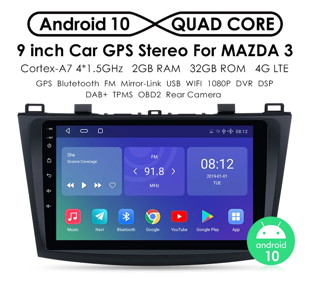 

android 10 Car GPS Radio Stereo For Mazda 3 2009-2013 max axela Quad Core 2 din Car Multimedia Player wifi 4G car radio OBD2 DVR