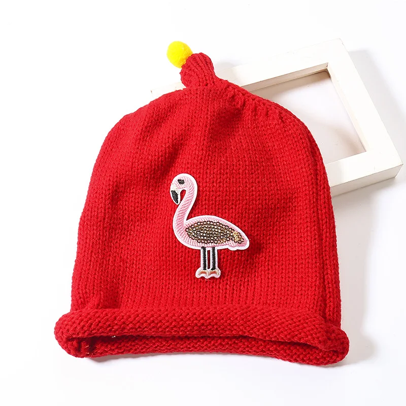 Детские трикотажные лыжные шапочки с рисунком Фламинго 2019 г. осенне зимние