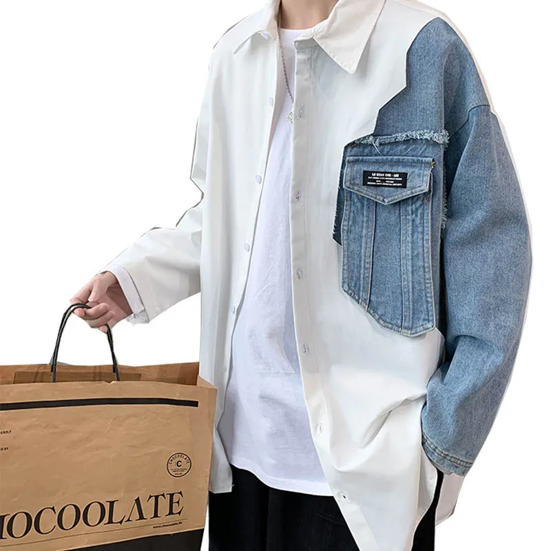 Мужская джинсовая рубашка гавайская большого размера с длинными рукавами и