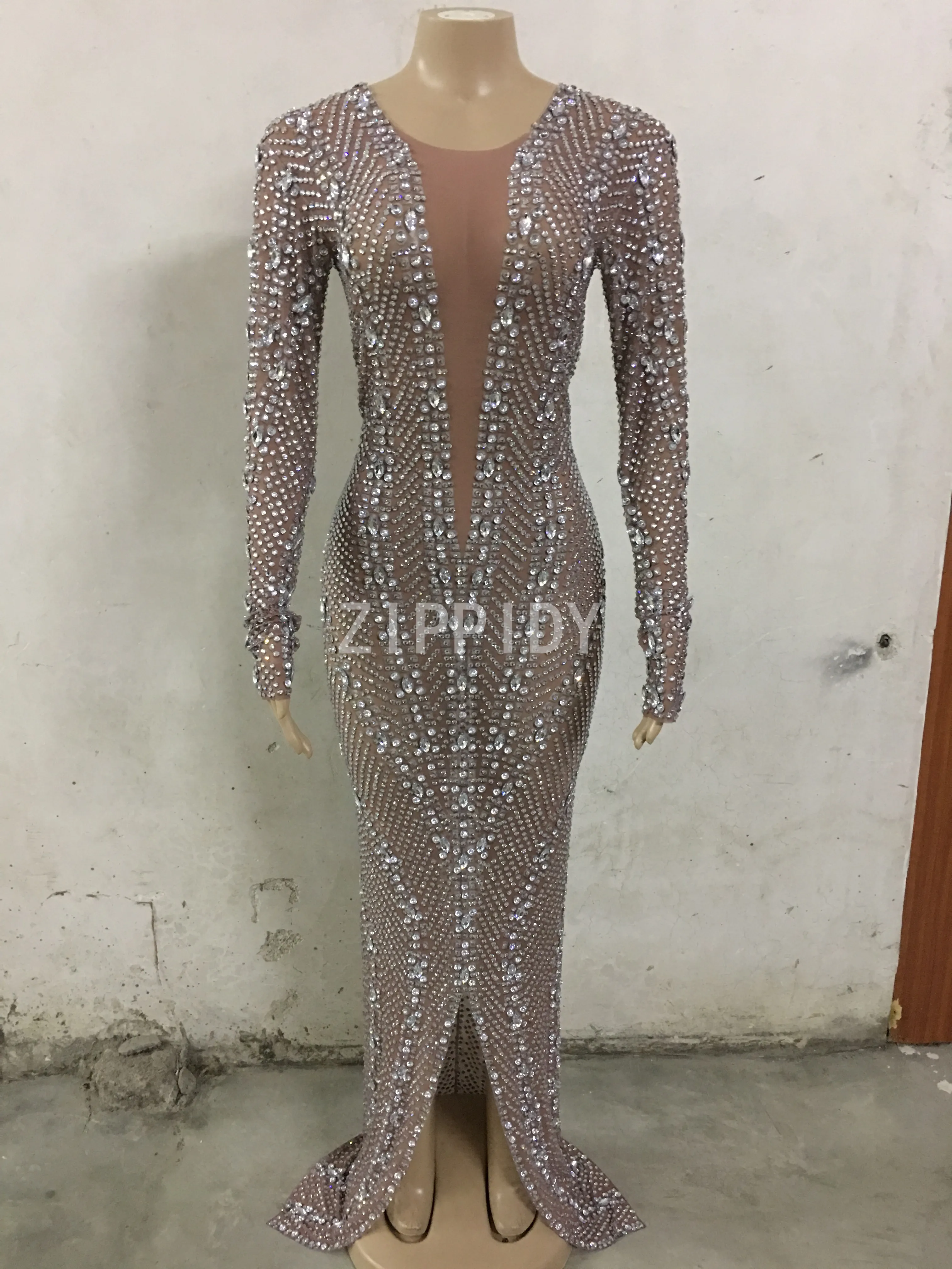 Silver Rhinestones Transparent Mesh Long Dress Women's Birthday Celebrate Prom Stage Singer Dancer Dresses | Тематическая