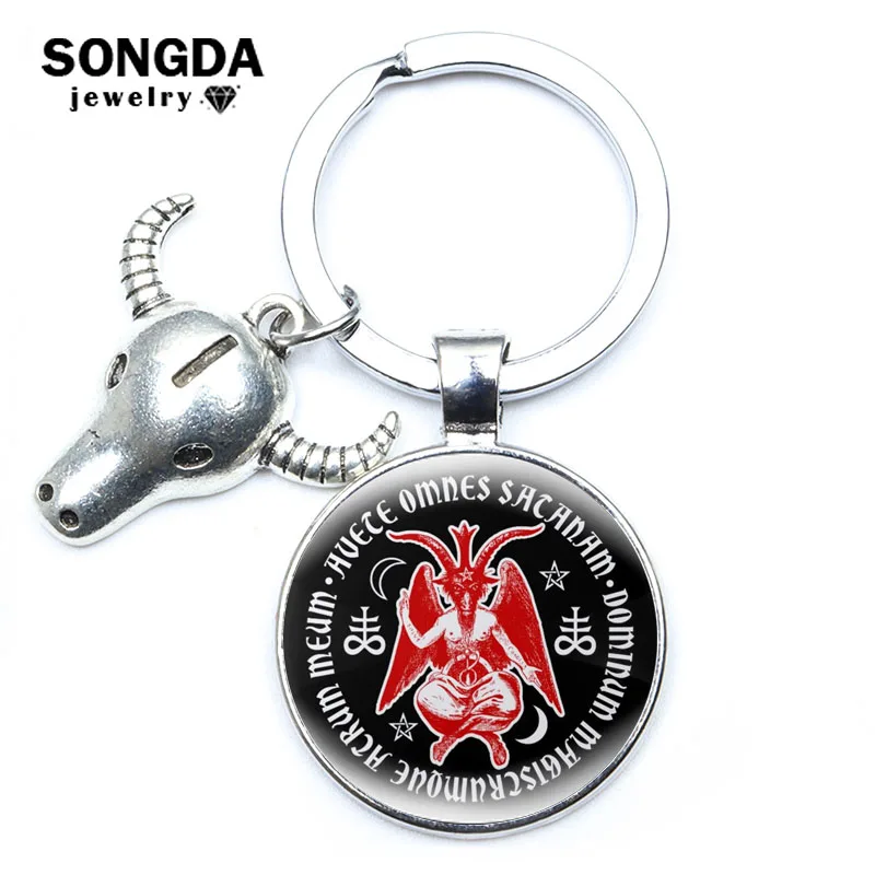 

Baphomet with Satanic Crosses & Pentagrams Keychain Fashion Cabochon Glass Pendant Keyring Astral Void Energy Talisman Jewelry