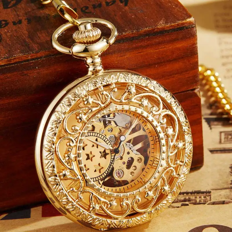 Ancient Antique Steampunk Mechanical Pocket Watch Necklace Hollow Skeleton Hand Wind Carved  Fob Watch Pendant Chain Men Women