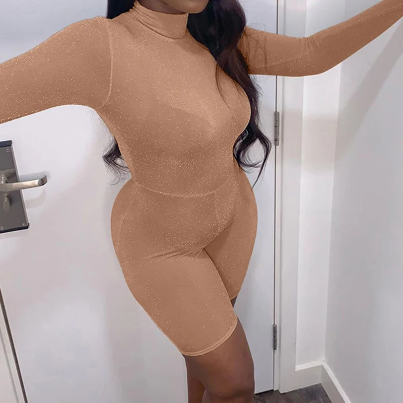 

2021 New Autumn Winter Woman Fashion Sexy Streetwear Casual Romper Long Sleeve Solid Turtleneck Sequin Bodycon Playsuits