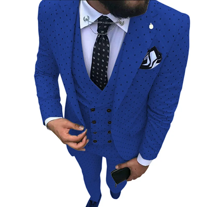 New Men's Poika Dot Suit 3-Pieces Blue Suit With Pant Designs Notch Lapel Tuxedos Groomsmen For Wedding/party(Blazer+vest+Pants)