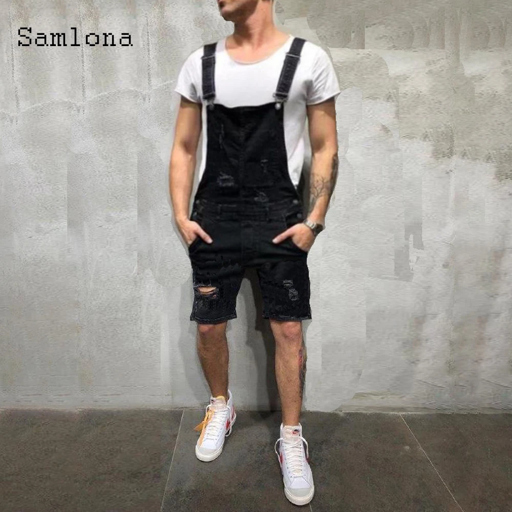 

Samlona Plus Size Men's Fashion Jeans Denim Shorts Blue Multi-Pocket Suspender Rompers Jeans 2021 Summer Frayed Jeans Overalls
