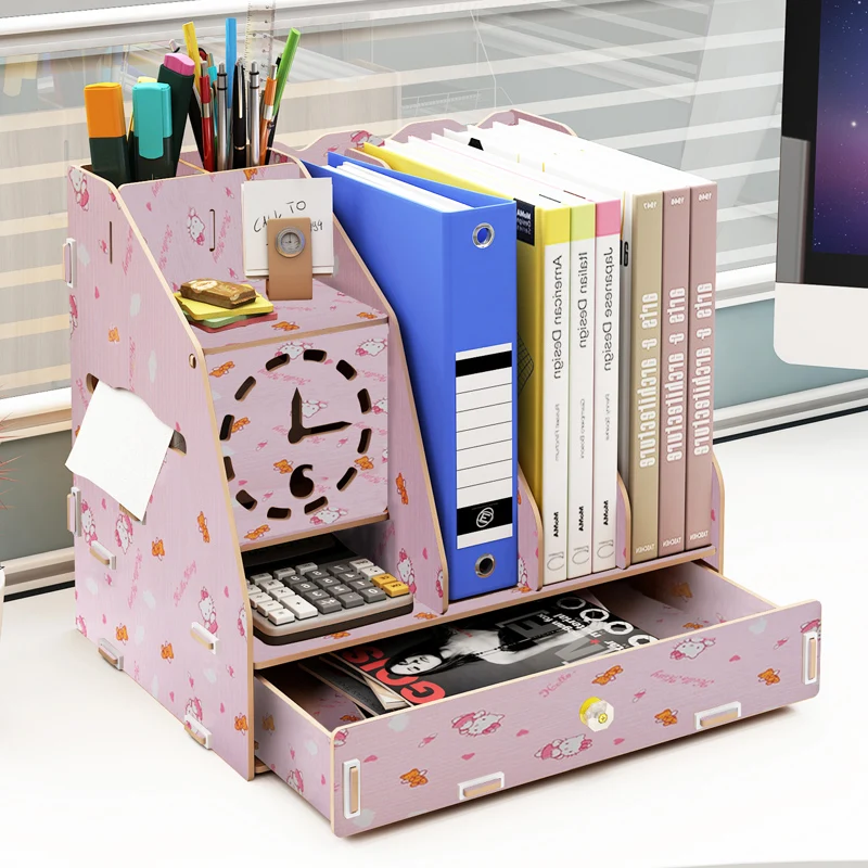

Office Document Trays File Folders Students Stationery Case Desk Book Stand With Pen Holder Assmbled Storage Box Wooden Board