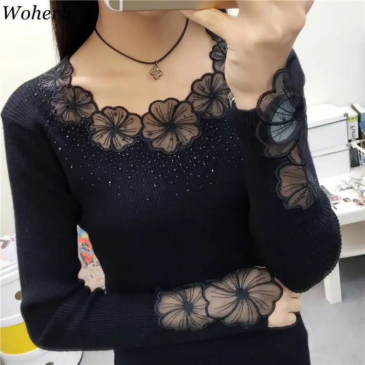 Woherb Black Sweater Women Half Turtleneck Long Sleeve Pullovers Lace Patchwork See Through Slim Knit Tops Korean Fashion 90961 | Женская