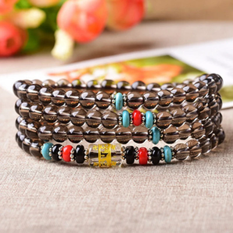 Couple Bracelets Vintage Glass Stone 4 Multi-layer Strands Woven Handmade Wrap with Buddhist Scriptures Pattern | Украшения и