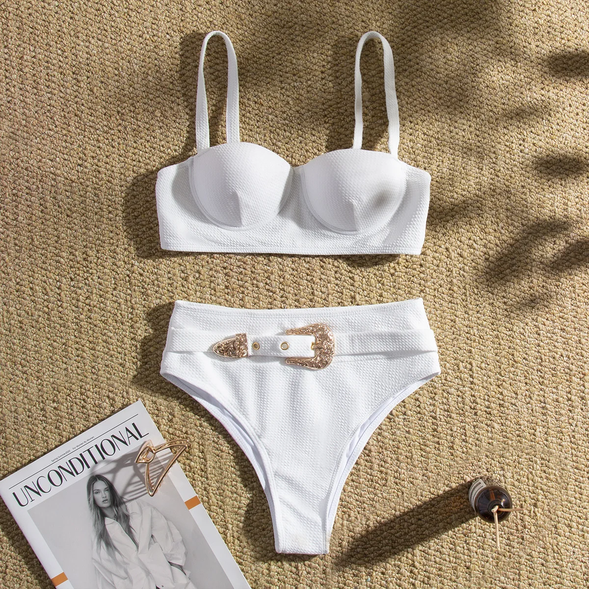 

2022 Newest High Waist Bikini Western Buckle Underwire Two Pieces Swimsuit Women's May Beach Push Up Textured Swimwear