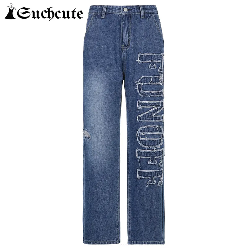 

SUCHCUTE Streetwear Women Letter Embroidery Baggy Jeans Korean Blue Hight Waist Denim Trousers Autumn Casual Female Straght Pant