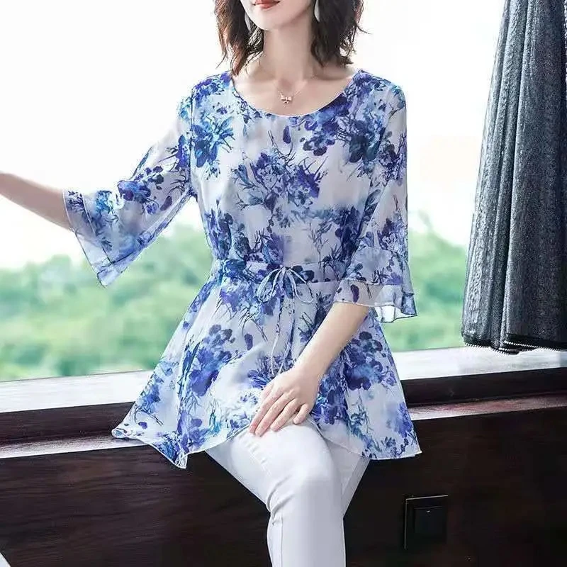 

Ruffles sleeve Fashing Printing Chiffon tee Women Korean Casual Loose Lace-up plus size 5XL tops Ladies slim close waist tops
