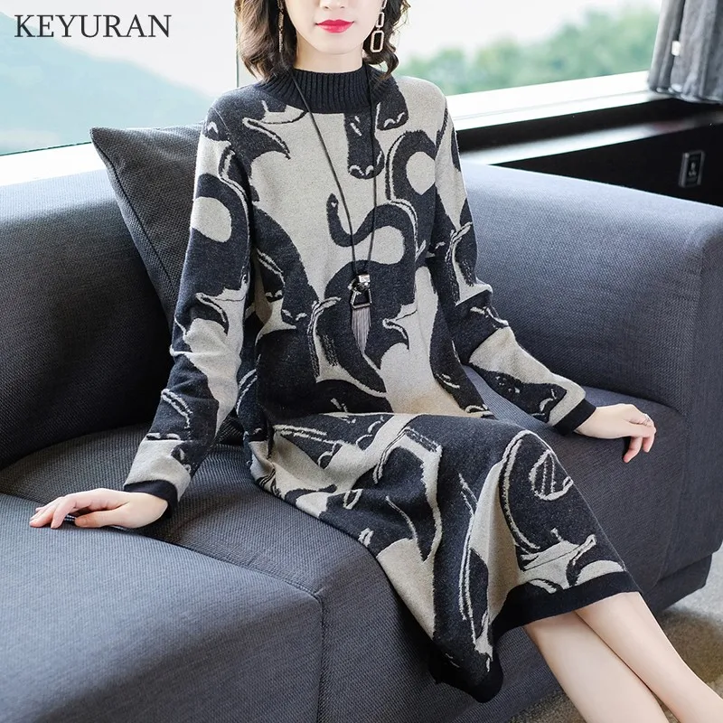 Осенне зимнее женское жаккардовое платье свитер с высоким воротником женский